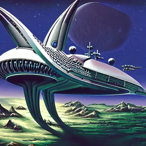 Prompt: By Jim bush and ed repka, air brush illustration of a vintage alien ship landing on an alien planet, retro futuristic, science fantasy, symmetry accurate features, very intricate details, artstation