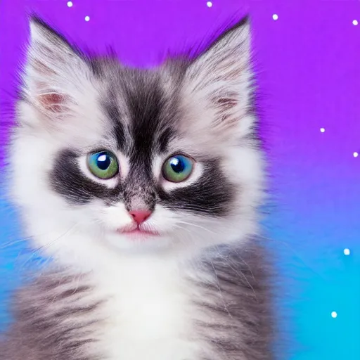 Prompt: cute fluffy kitten with purple cyan and white tabby fur and big eyes with night sky background