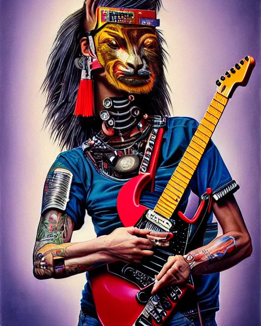 Image similar to a portrait of an anthropomorphic cyberpunk lama shredding an electric guitar by sandra chevrier, by jon foster, detailed render, tape deck, epic composition, cybernetics, 4 k realistic, cryengine, realistic shaded lighting, sharp focus, masterpiece, by enki bilal