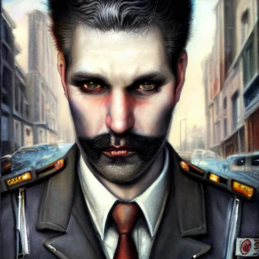 Image similar to portrait of a greying pale vampire police officer with short hair and a patchy beard, close up, grimy streets in the backdrop, highly detailed, sharp focus, art by tom bagshaw and manuel sanjulian