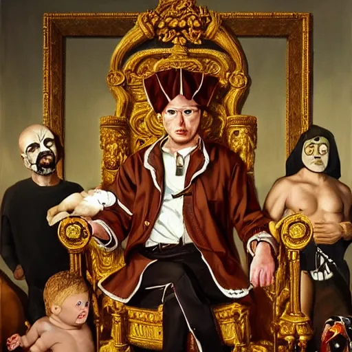 Prompt: hyper realistic painting of a handsome man symmetrical, sitting in a gilded throne, tubes coming out of the man's arm with blood, getting a blood transfusion from a baby, bloody ivs, plague doctor in the background created by wes andersson