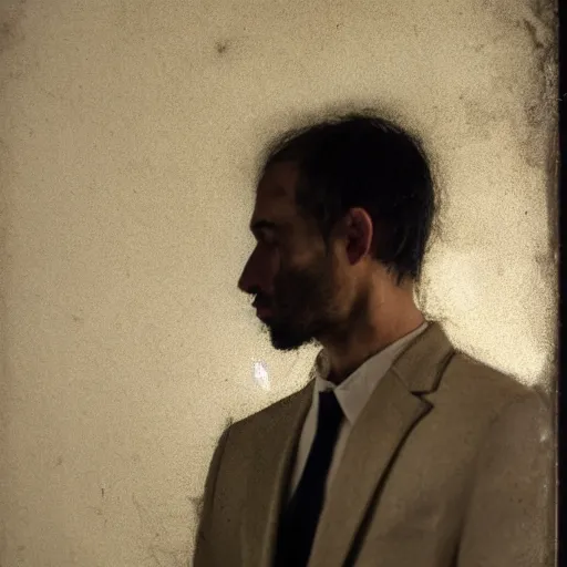 Prompt: Photo of a stern man in a beige peak lapel suit with a sad and melancholic look, grieving, chiaroscuro, facing the camera, closeup shot, cinematic promo material, by Nicola Samori