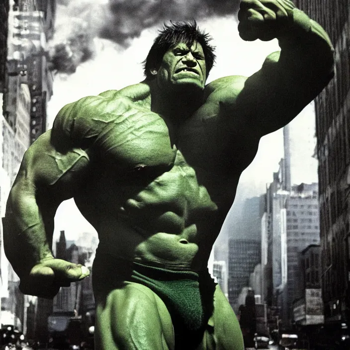 Image similar to a color photo portrait of the incredible hulk looking angry in new york city by richard avedon dramatic lighting.
