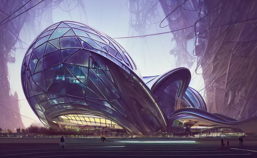 Image similar to exterior shot of utopian architecture transparent building with cinematic lighting by zaha hadid and renzo piano, darek zabrocki and greg ruthkowski, alphonse mucha, simon stalenhag, cinematic, stars, beautiful, holy place, paradise, scifi, futurism, atmospheric, concept art, artstation, trending on artstation