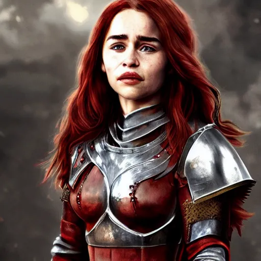 Prompt: emilia clarke, as a medieval fantasy character, with dark reddish hair, wearing light, silver armor and red clothing, tan complexion, holding a longsword, slightly smiling, noble, cinematic, gloomy, realistic, digital art, character art, 8 k