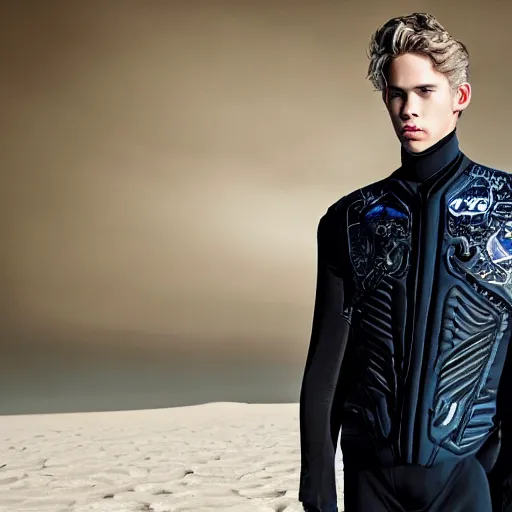 Prompt: medium face shot of adult Austin Butler with exposed head, dressed in black-prussian blue futuristic-tudoresque clothing with embroidered-Ram-emblem, and nanocarbon-vest, in an arena in Dune 2021, XF IQ4, f/1.4, ISO 200, 1/160s, 8K