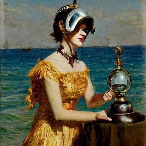 Image similar to model in a ballroom dress holding an antique diving helmet by the sea, by alfred stevens