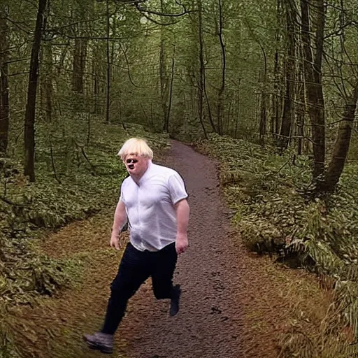 Image similar to drunk boris johnson chasing you in a forest, trailcam footage, horror shot, creepy