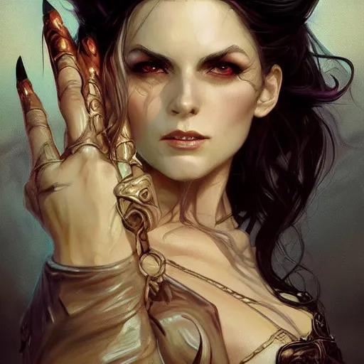 Image similar to portrait of a evil witch with scary eyes, soft hair, muscular, half body, leather, hairy, d & d, fantasy, intricate, elegant, highly detailed, digital painting, artstation, concept art, smooth, sharp focus, illustration, art by artgerm and greg rutkowski and alphonse mucha