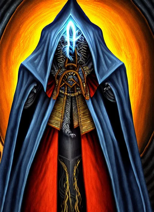 Image similar to ultradetailed painting of the necromancer, wearing a wizard cloak, crisp