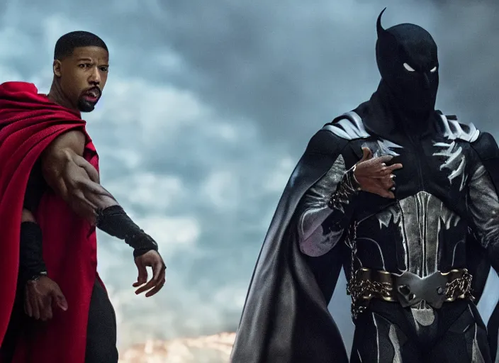 Image similar to film still of michael b jordan as spawn in the new spawn movie, giant chains, large cape, 8 k