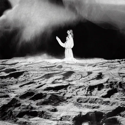 Image similar to 1 9 7 0's artistic spaghetti western movie, a woman in a giant billowy wide flowing waving dress made out of white smoke, standing inside a dark western rocky scenic landscape, volumetric lighting