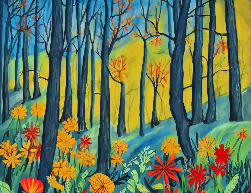 Prompt: winter woods where there's an animal god of ( flowers ). gouache, limited palette with complementary colors, children's cartoon, backlighting, bold composition, depth of field.