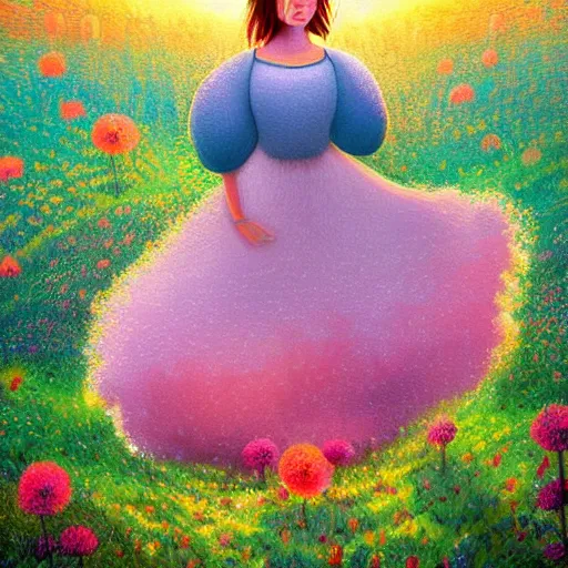 Image similar to girl with giant flower as a face and flower dress, standing in a flower field hills, big trees, sunrise dramatic light, impressionist painting, colorful clouds, digital painting, pointillism, artstation, simon stalenhag