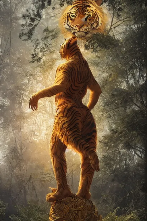 Image similar to a humanoid tiger king stands on a magical circle by greg rutkowski, magic realism, hyper realistic, 2 0 0 mm lens