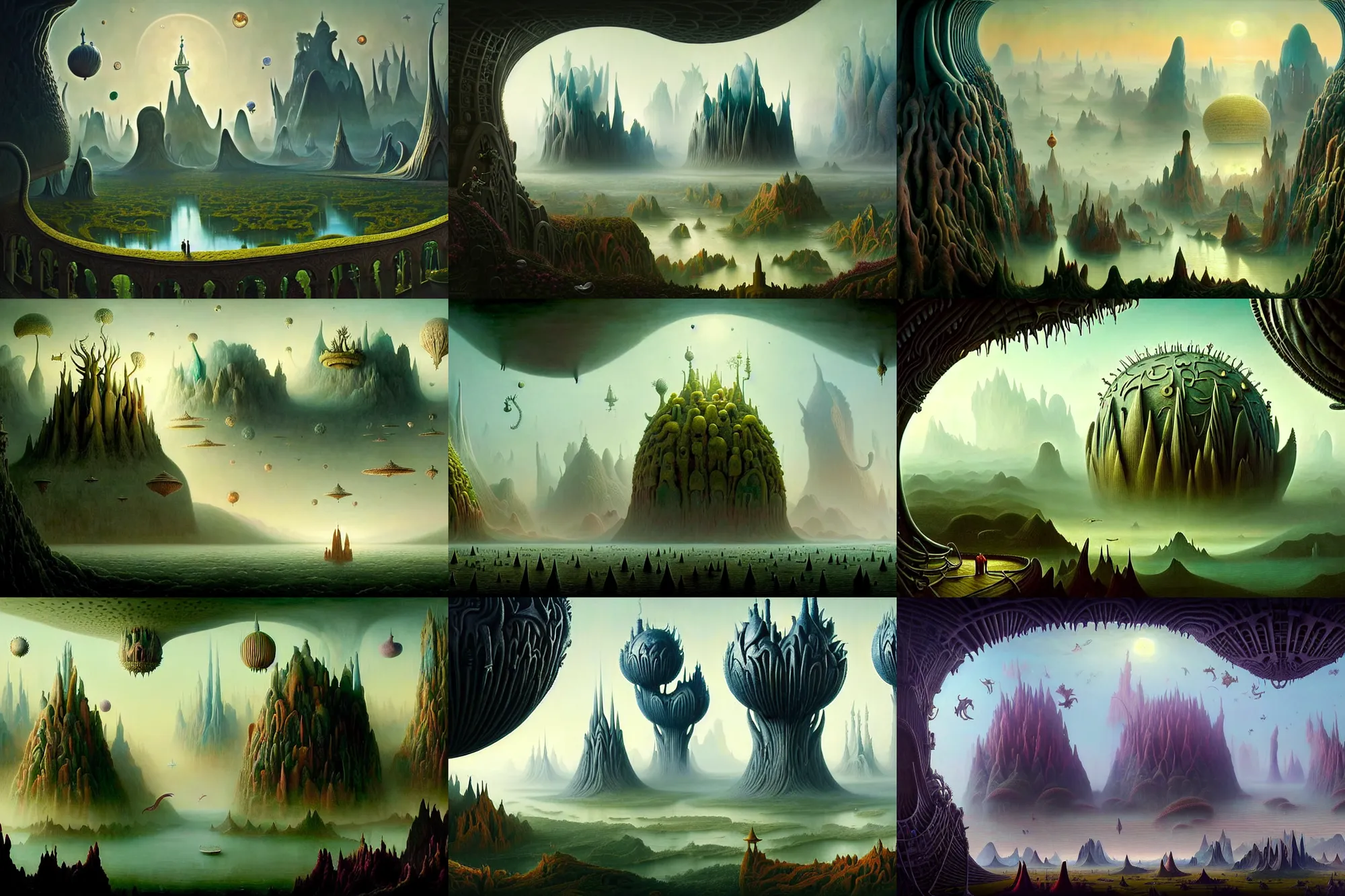 Prompt: a beautiful and insanely detailed matte painting of alien dream worlds with surreal architecture designed by Heironymous Bosch, mega structures inspired by Heironymous Bosch's Garden of Earthly Delights, vast surreal landscape and horizon by Greg Rutkowski and Asher Durand, rich pastel color palette, masterpiece!!, grand!, imaginative!!!, whimsical!!, epic scale, intricate details, sense of awe, elite, fantasy realism, complex composition, 4k post processing