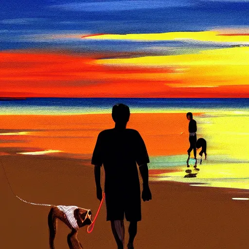 Image similar to man walking his dog at the beach at sunset, digital painting