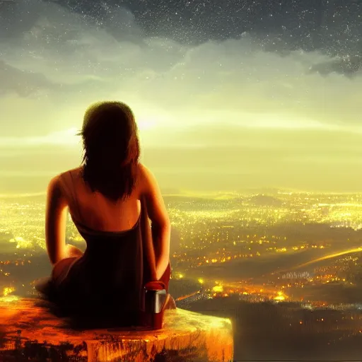 Prompt: a girl sitting on a hill watching the night view of a busy city from a distance, matte oil painting, artstation, Detail, HD