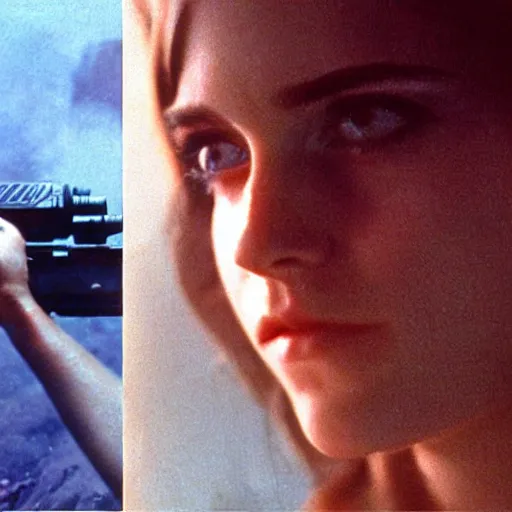 Prompt: film still, close up, emma watson vietnam door gunner, film still from apocalypse now ( 1 9 7 9 ), 2 6 mm, kodak ektachrome, blue tint expired film,