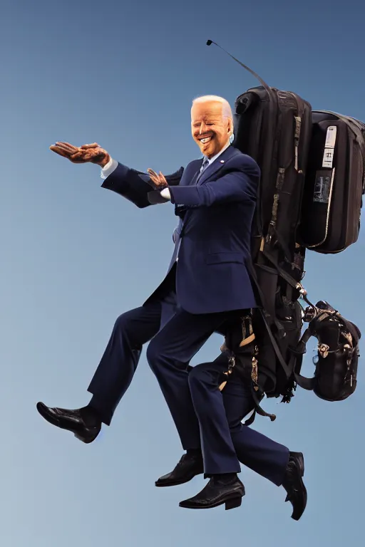 Image similar to joe biden flying with jet pack, uhd, photorealistic, cinematic, smooth, 4 k, aesthetic lighting, baroque object, without duplication, sharp focus, hyperdetailed, face details, tumblr trending, with small object details, winning pullitzer award photo by : canon eos 5 d mark iv, by karah mew and adnan abidi and jodie bateman