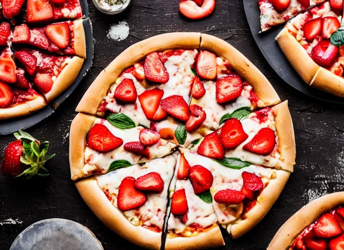 Prompt: mouthwatering New York pizza with strawberries on, food photography