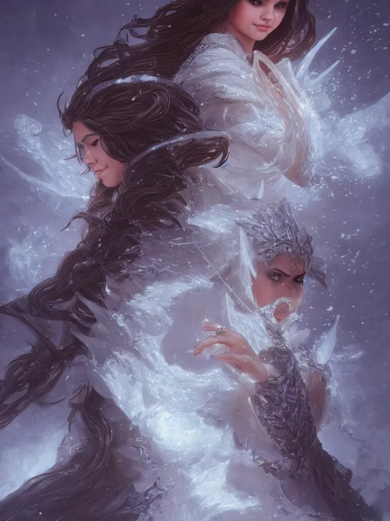 Image similar to Selena Gomez casting an frost spell, D&D, fantasy, intricate, elegant, highly detailed, digital painting, artstation, concept art, matte, sharp focus, illustration, hearthstone, art by Artgerm and Greg Rutkowski and Alphonse Mucha