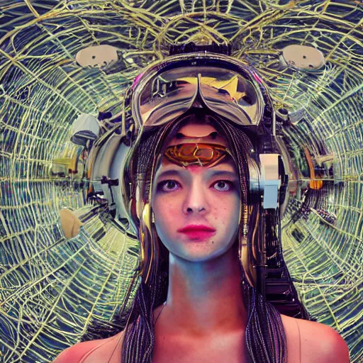 Image similar to space station on the moon, piles of modular synth cables mixed with mangrove roots, kawaii puerto rican goddess staring through your soul wearing a headpiece made of circuit boards, by cameron gray, wlop, stanley kubrick, masamune, hideki anno, jamie hewlett, unique perspective, eastman color, trending on artstation, cinematic, 3 d render, muted neon