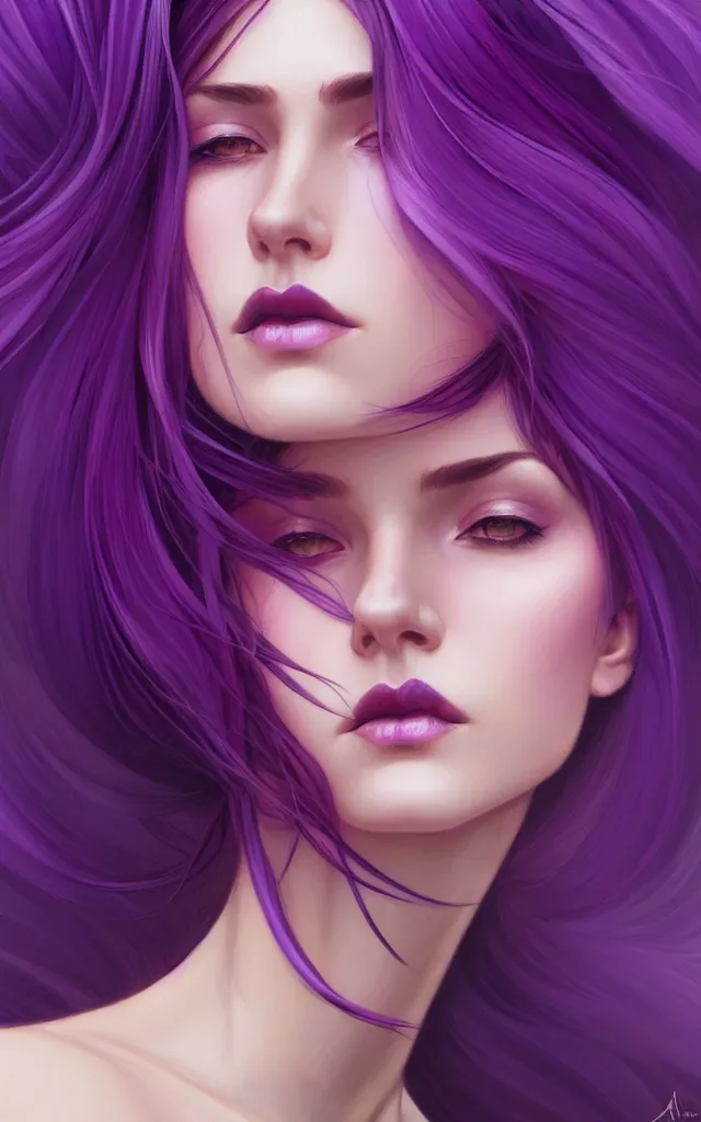 Image similar to Purple hair, creative colouring Portrait of woman face profile, fashion, coloured strands of hair, intricate, elegant, highly detailed, digital painting, artstation, concept art, smooth, sharp focus, illustration, art by artgerm and greg rutkowski and alphonse mucha, 8k