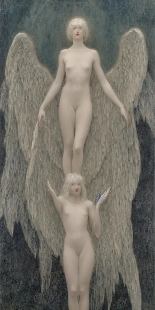 Image similar to Say who is this with silver hair so pale and Wan and thin? Majestic feminine gothic angel in the style of Jean Delville, Lucien Lévy-Dhurmer, Fernand Keller, Fernand Khnopff, oil on canvas, 1896, 4K resolution, aesthetic, mystery