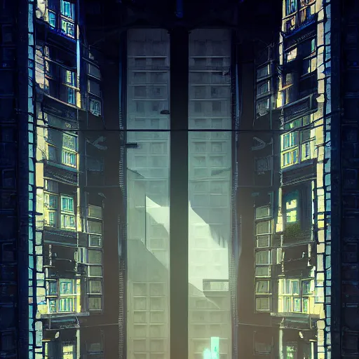 Image similar to One dilapidated building with only one window glowing. ArtStation, Cyberpunk, Vertical Symmetry, 8K, Highly Detailed, Intricate, Album Art.