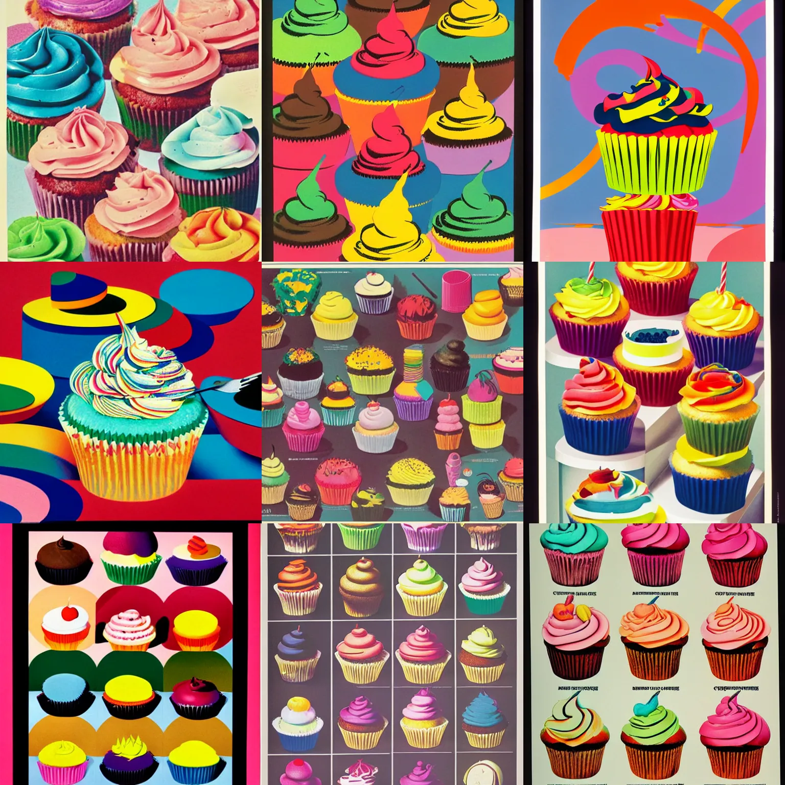 Prompt: colorful ad for a cupcake milton glaser 1 9 7 1