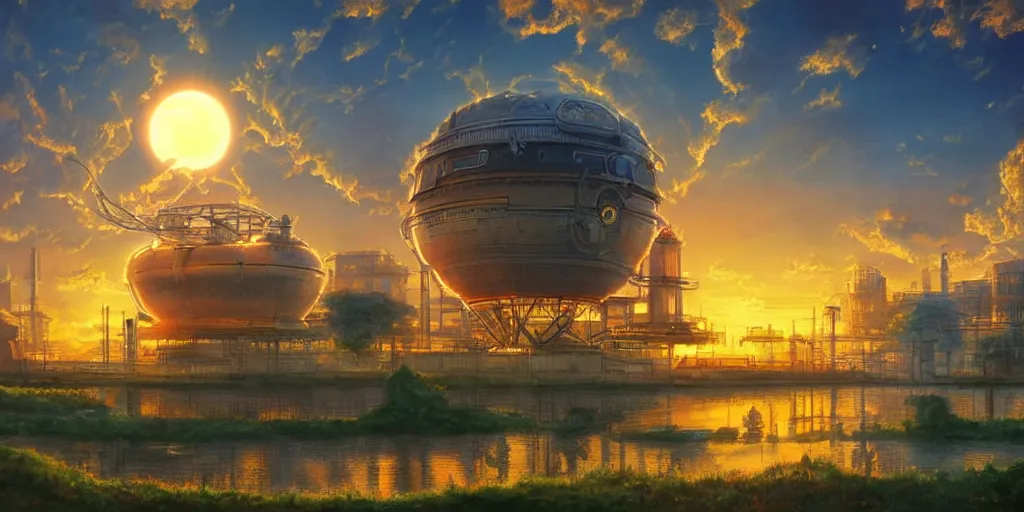 Prompt: fusion reactor, wonderous and magical, in an urban setting, sunset, by Studio Ghibli, Ivan Shishkin and Greg Rukowski