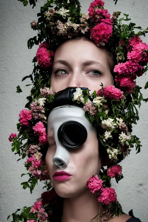 Image similar to a surreal portrait of a woman wearing gas mask blending into a wall of flowers in the style of brooke didonato, editorial fashion photography from vogue magazine, full shot, nikon d 8 1 0, ƒ / 2. 5, focal length : 8 5. 0 mm, exposure time : 1 / 8 0 0, iso : 2 0 0