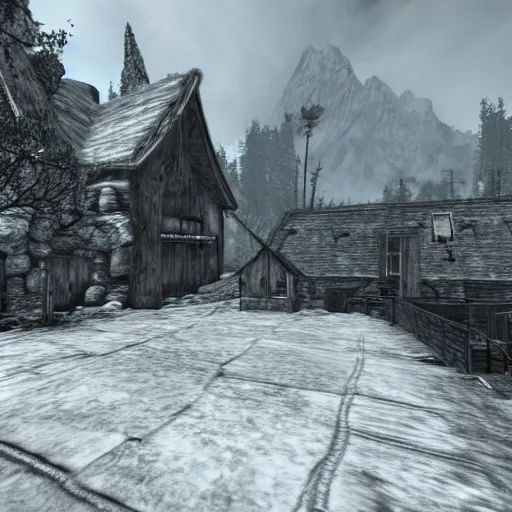 Image similar to berghain in the middle of whiterun, 3 dgc, wide shot, skyrim, oblivion, pc game, gameplay screenshot