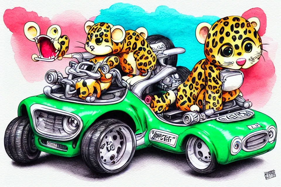 Image similar to cute and funny, baby leopard riding in a tiny go kart with oversized engine, ratfink style by ed roth, centered award winning watercolor pen illustration, isometric illustration by chihiro iwasaki, edited by range murata, tiny details by artgerm and watercolor girl, symmetrically isometrically centered