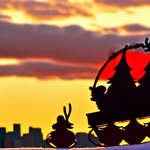 Prompt: santa claus in a sleigh with reindeers in front of world trade center with a beautiful sunset in the background