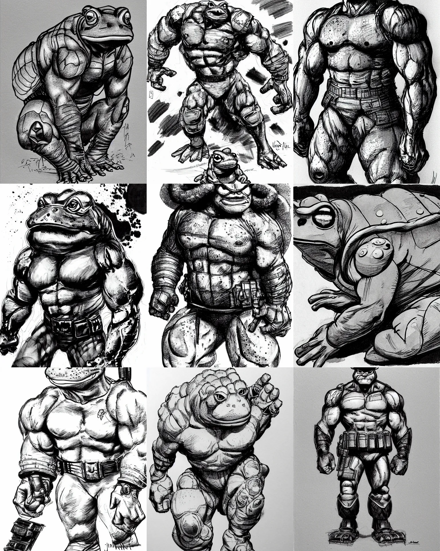 Prompt: toad animal!!! jim lee!!! medium shot!! flat grayscale ink sketch by jim lee close up in the style of jim lee, depressed dramatic bicep pose, swat soldier armor terminator hulk toad animal looks at the camera by jim lee