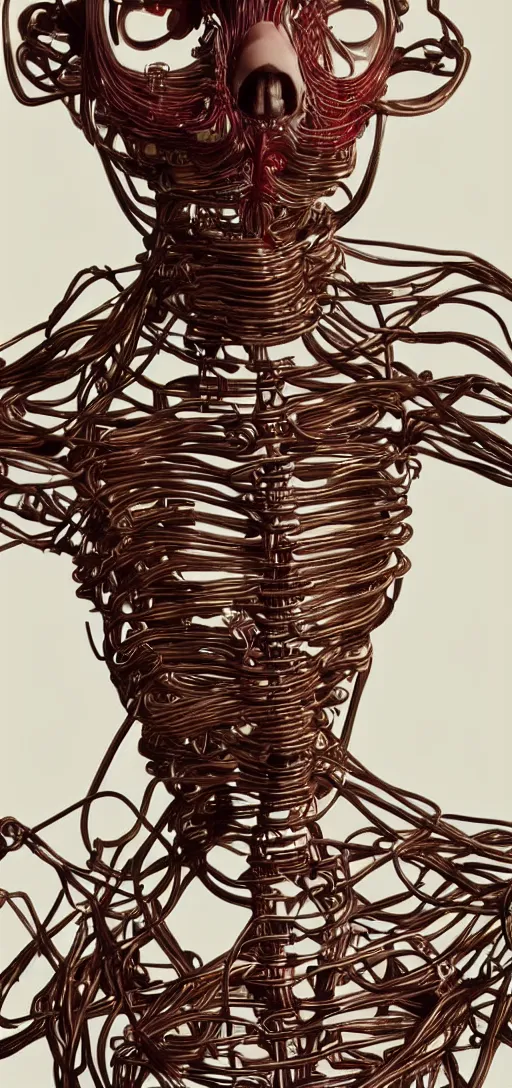 Prompt: human made out of wires and machinery, body horror, creepy, disturbing, dark,