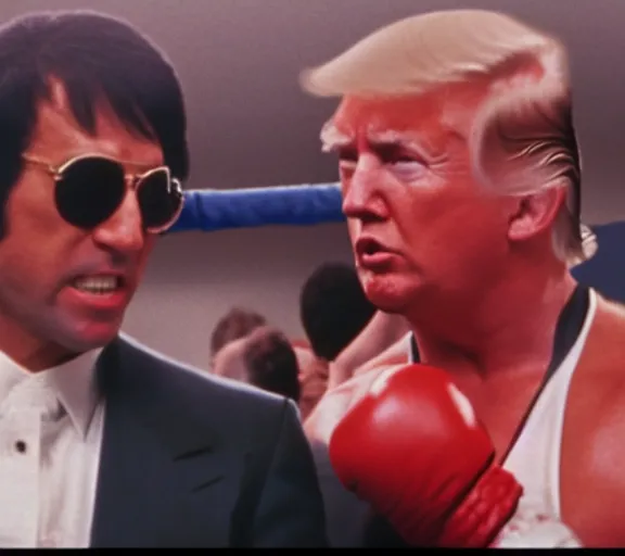 Prompt: color film still from rocky 1 9 7 6 of joe biden and donald trump, boxing ring, fighting, punching