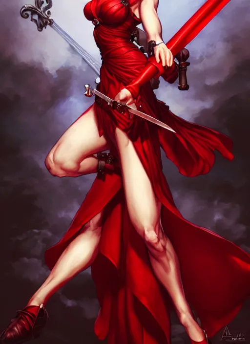 Prompt: a woman in a red dress holding two swords, a character portrait by Akihiko Yoshida, by artgerm and Mark Brooks, pixiv contest winner, vanitas, official art, 2d game art, polycount