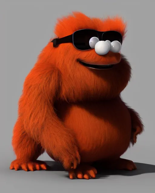 Image similar to 3 d render of completely red hairy friendly antropomorphic chubby cartoony creature wearing chrome shades, without nose, full body, in the style of pixar, simple, cute, white background, unreal engine 5, octane render, highly detailed hdr