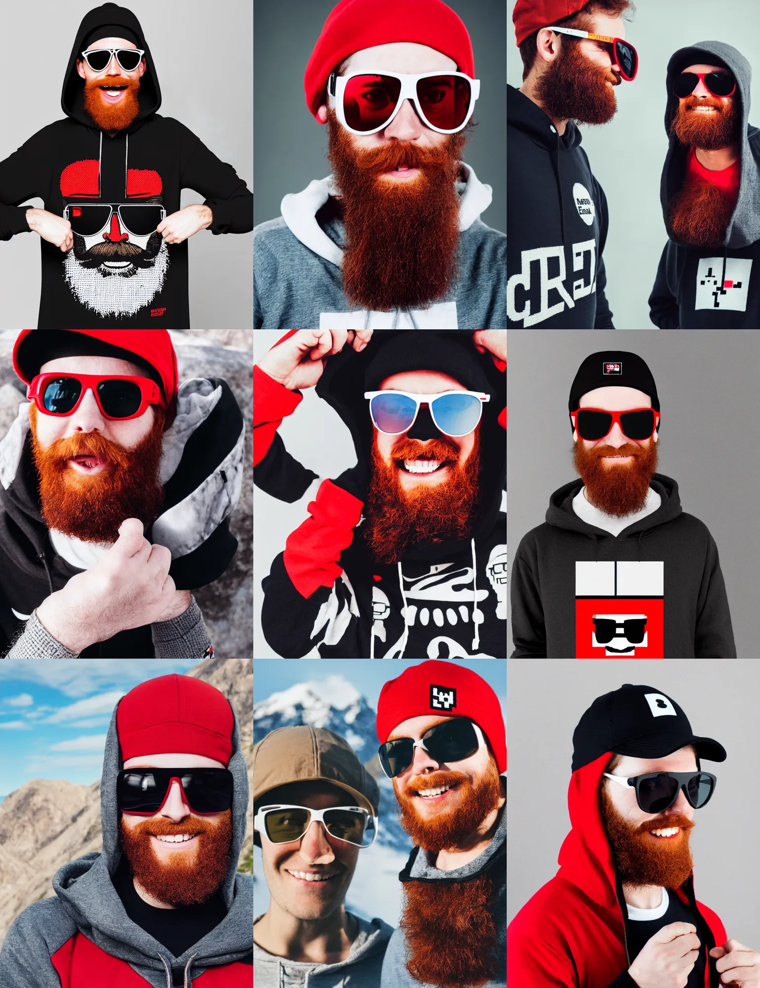 Prompt: red bearded engineer with sunglasses and black cap and hoody with 8 bit print, mountain, smiley profile, white skin, centred, high detailed