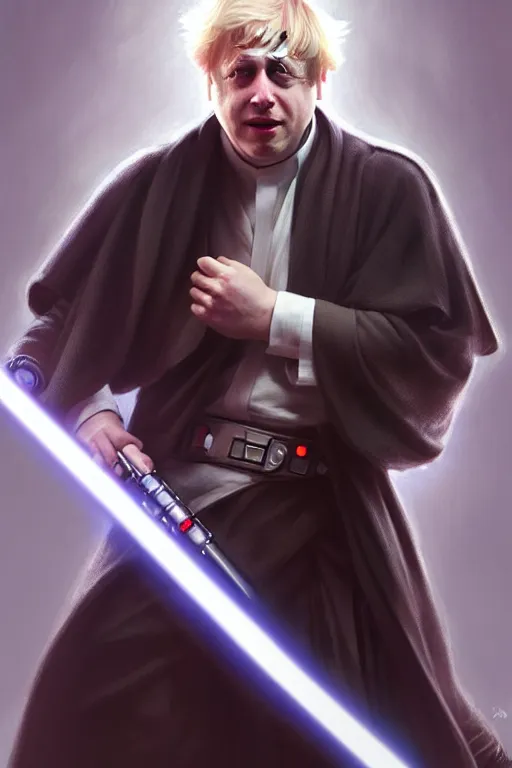 Image similar to Boris Johnson as a Jedi from Star Wars, Union Jack light saber, realistic portrait, symmetrical, highly detailed, digital painting, artstation, concept art, smooth, sharp focus, illustration, cinematic lighting, art by artgerm and greg rutkowski and alphonse mucha