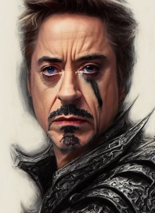 Image similar to robert downey jr. as evil saurman the white, by alan lee, lord of the rings, smooth, oil painting, matte painting, concept art, trending on artstation, promotional artwork, film still, elegant, photorealistic facial features, intricate, detailed face, cinematic lighting