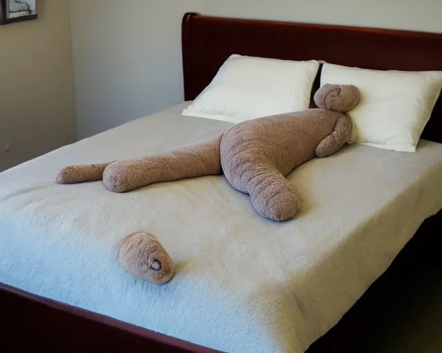 Image similar to bed in the shape of a tardigrade. sleeping on a giant tardigrade plush doll. quilted plush, soft, downy, comfortable. multiple limbs, panarthropoda, water bear!