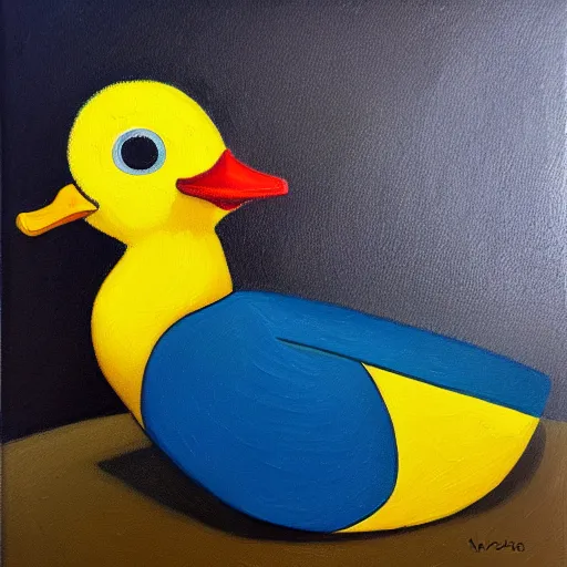 Image similar to yellow duck holding a knife, oil painting