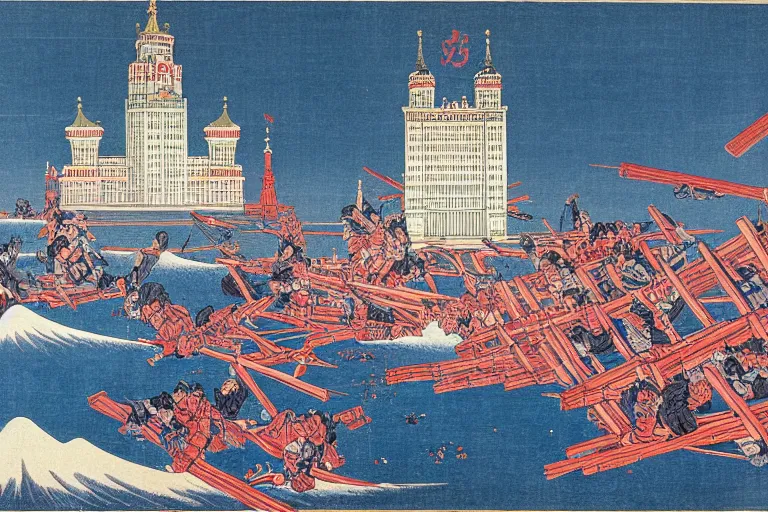 Image similar to moscow state university main building, being attacked by samurais, by katsushika hokusai