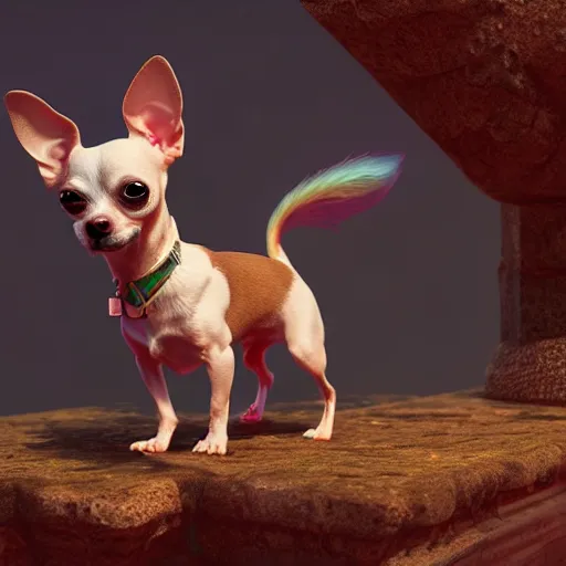 Image similar to an ascended chihuahua living in an extradimensional reality, in the style of wlop, illustration, epic, fantasy, hyper detailed, smooth, unreal engine, sharp focus, ray tracing, physically based rendering, renderman, beautiful