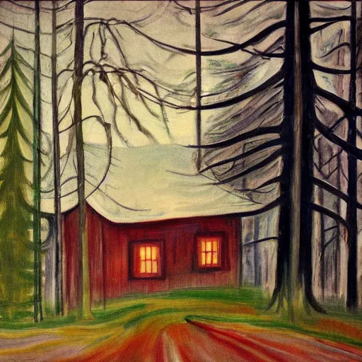 Prompt: a painting of a Eerie cabin in the middle of the woods in the Edvard Munch