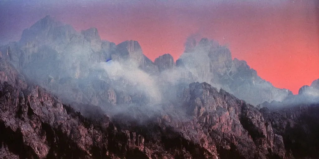 Prompt: 1 9 2 0 s color spirit photography 9 1 1 1 2 1 of alpine red sunrise in the dolomites, smoke from mountains, eerie, by william hope, beautiful, dreamy, grainy